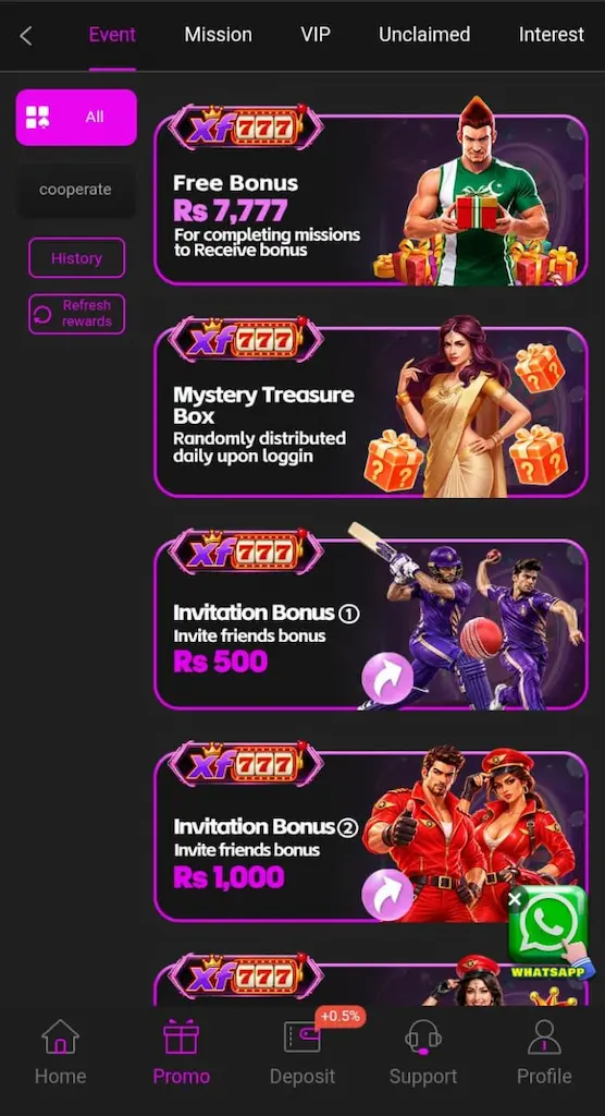 XF777 Game Bonuses and RewardsPromotional features can make a gaming platform more interesting, but users should always read the conditions attached to an offer.Welcome OfferNew users may receive an introductory promotion after completing registration or another required action. The exact value and requirements can change.Daily RewardsA platform may provide rewards connected with regular activity. If a daily campaign is available on XF777, users should check the current rules before participating.Referral ProgramReferral promotions can allow users to invite friends or other people through a referral link or code. Any reward normally depends on completing the requirements listed in the promotion.Special Events
XF777 Game
